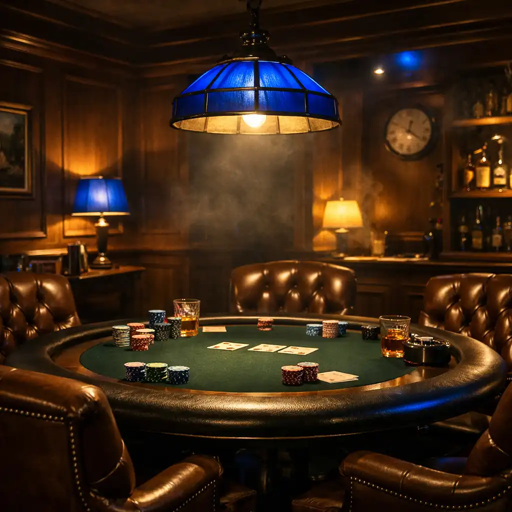 Interiér card roomu s koženými sedadly, náladovým osvětlením a pokerovým stolem