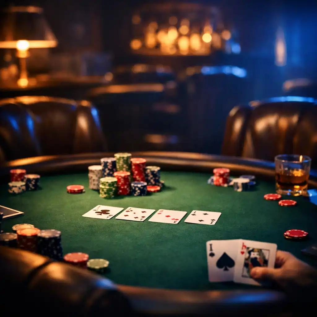 Intimní pokerový salonek s profesionálním stolem, žetony a koženými křesly