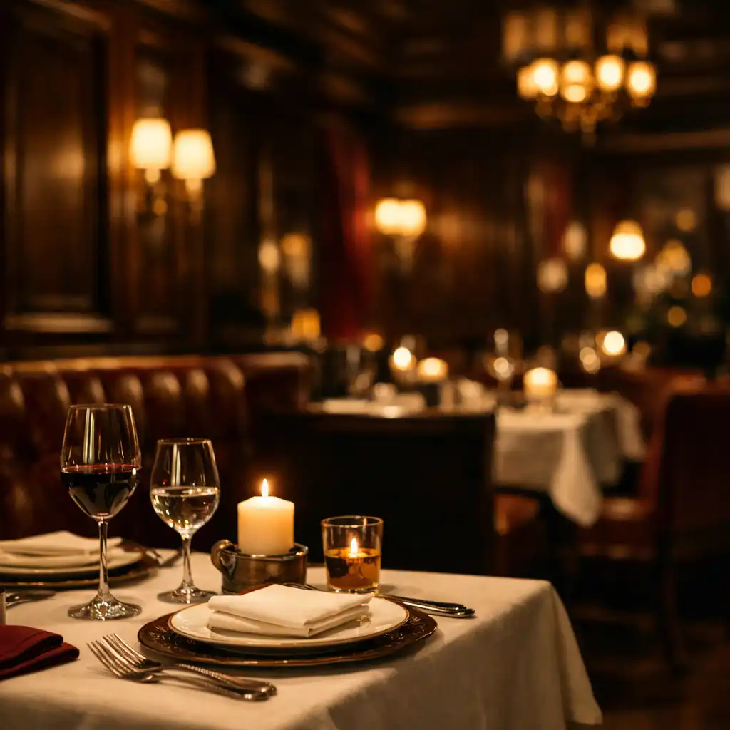 Atmosférický interiér restaurace Chutne Pokrmy s tmavým dřevem a teplým osvětlením