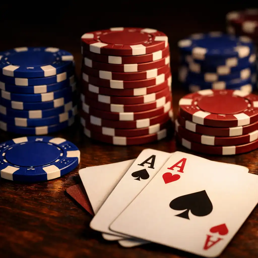 Detail pokerových žetonů a karet na tmavém dřevěném stole