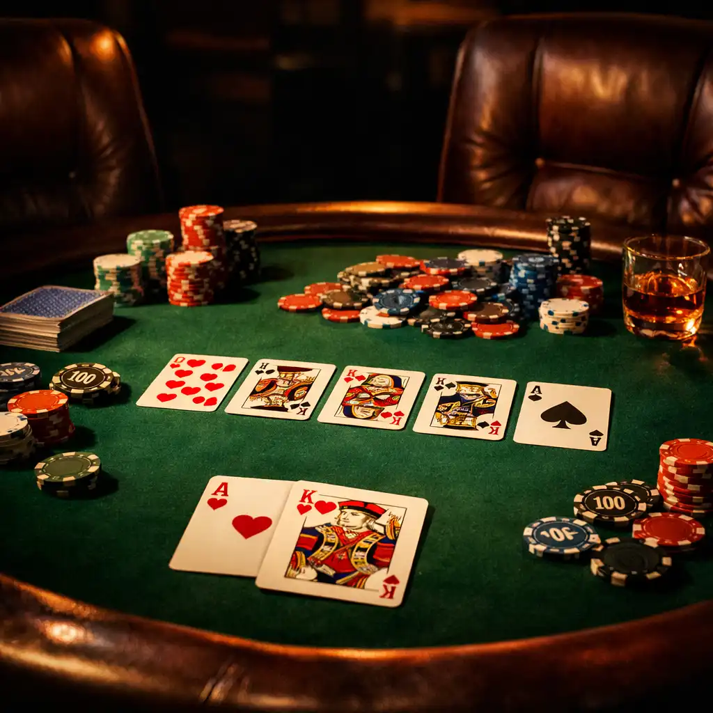 Detail pokerového stolu se zeleným plátnem, žetony a kartami obklopeného koženými křesly