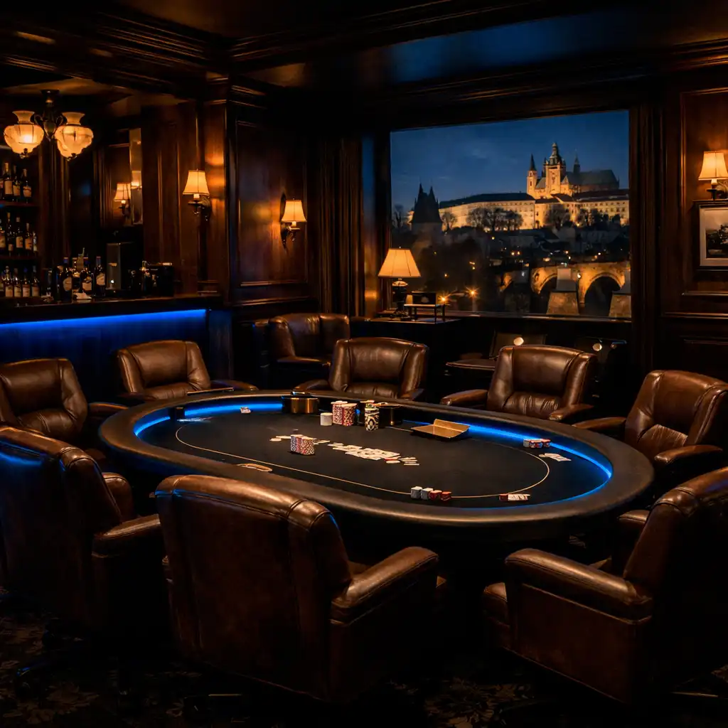 Atmosférický pokerový salonek s tmavým dřevem, koženými křesly a teplým osvětlením