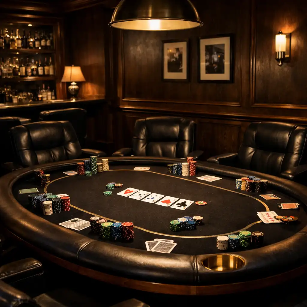 Pokerový salonek s profesionálním stolem a koženými křesly v tlumeném osvětlení