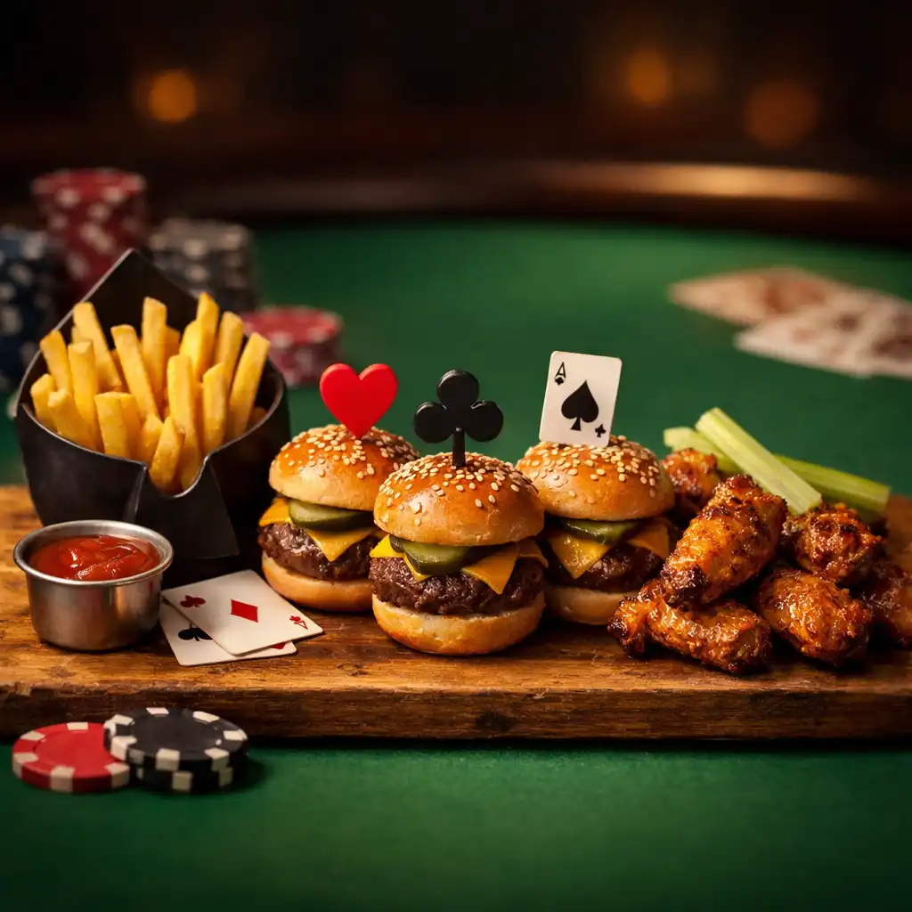 Pokerový talíř s finger food na dřevěném prkénku