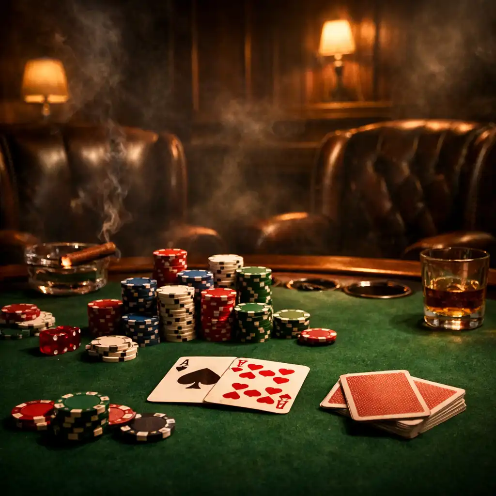 Pokerový stůl se zeleným plátnem, žetony a kartami v atmosféře card room s koženými křesly a tlumeným osvětlením