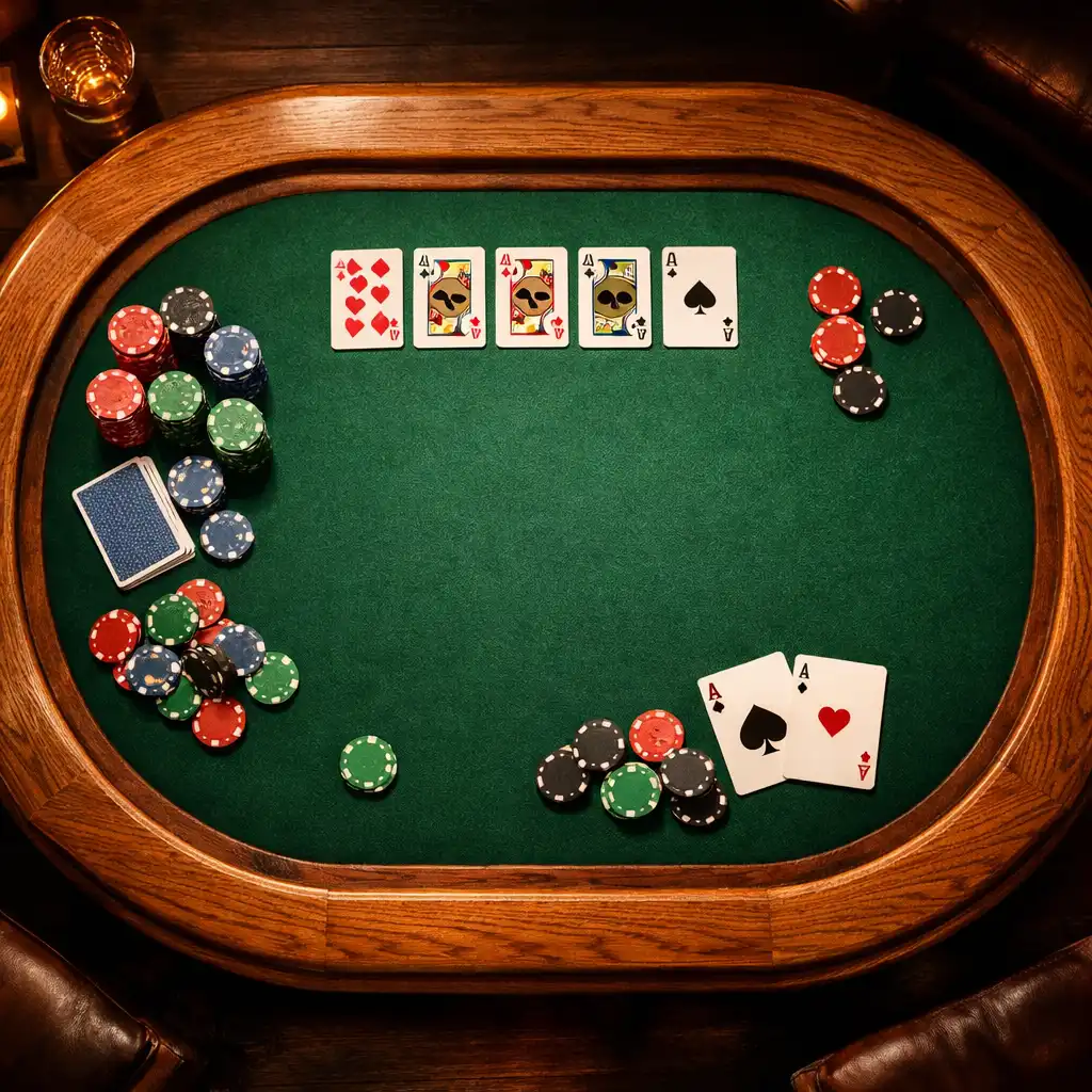 Pohled shora na pokerový stůl Classic s masivním dubovým rámem a zelenou plstí