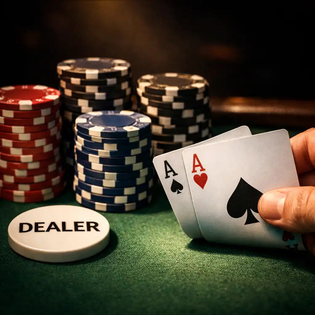 Detail pokerového stolu s kartami a žetony v dramatickém osvětlení