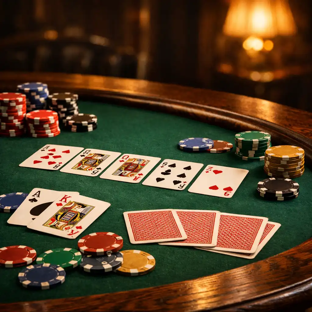 Detailní pohled na pokerový stůl z tmavého dubu se zelenou plstí, kartami a žetony v atmosféře exkluzivního klubu