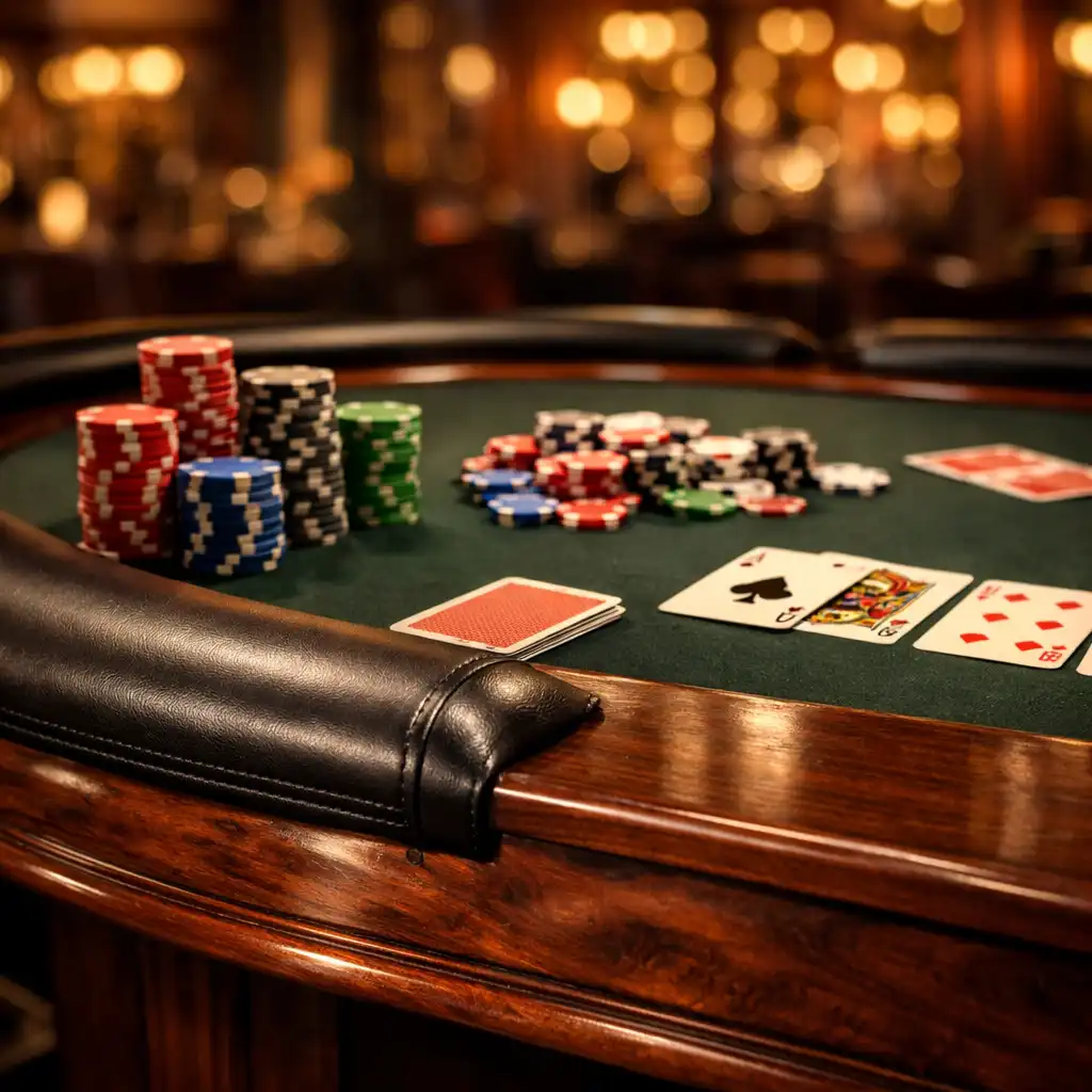 Pokerový stůl Prestige z tmavého ořechu s koženými okraji a jemným osvětlením