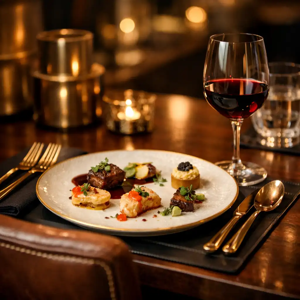 Detail jídelního stolu s luxusním prostíráním, sklenicí vína a degustačním menu v restauraci Chutne Pokrmy