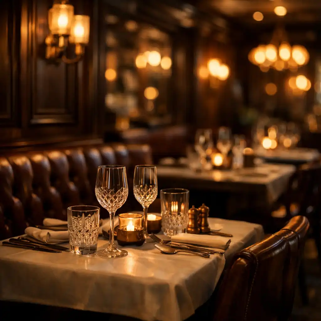 Elegantní interiér restaurace s dřevěným obložením, mosaznými detaily a koženými lavicemi