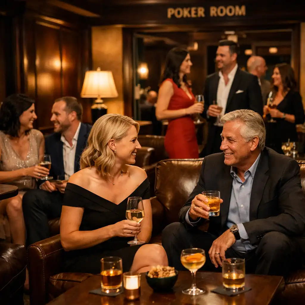 Lidé se společensky baví v lounge prostoru vedle pokerového salonku